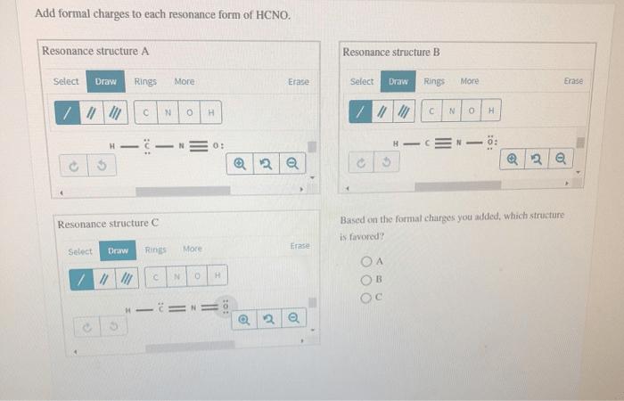 Add formal charges to each resonance form of hcno.